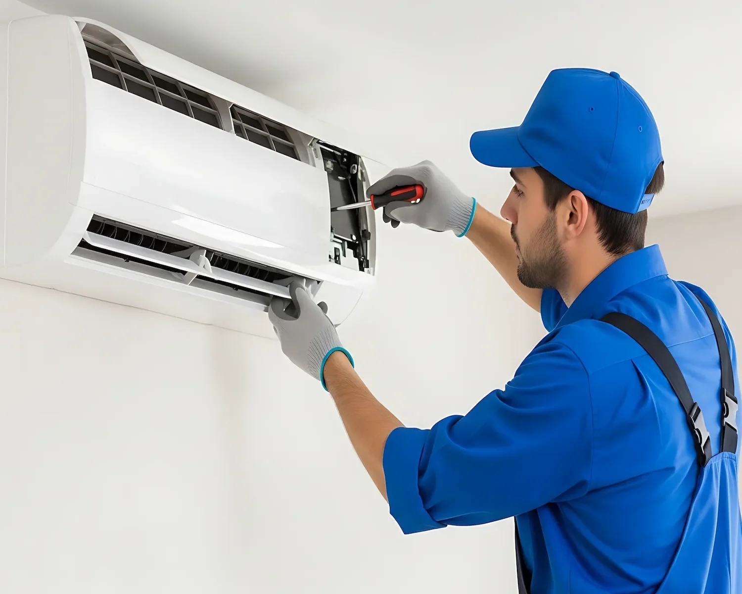 Expert technician fixing AC water leakage problem in Dubai residence cleaning drain line and repairing condensate pump to prevent water damage and flooding