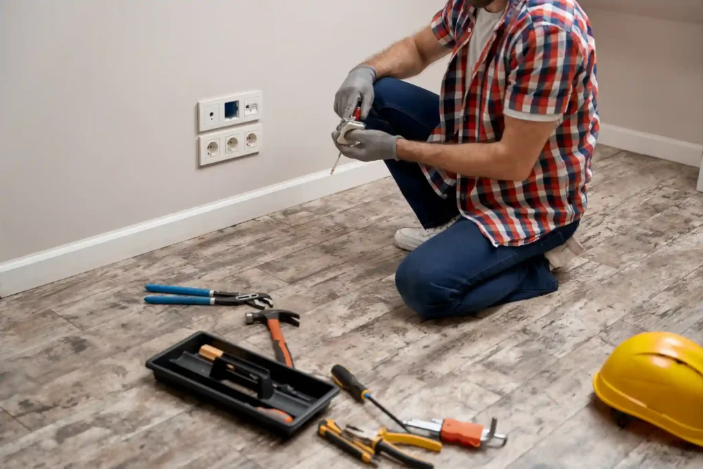 Experienced handyman securely mounting large flat screen television on living room wall in modern Dubai home with proper bracket and cable management