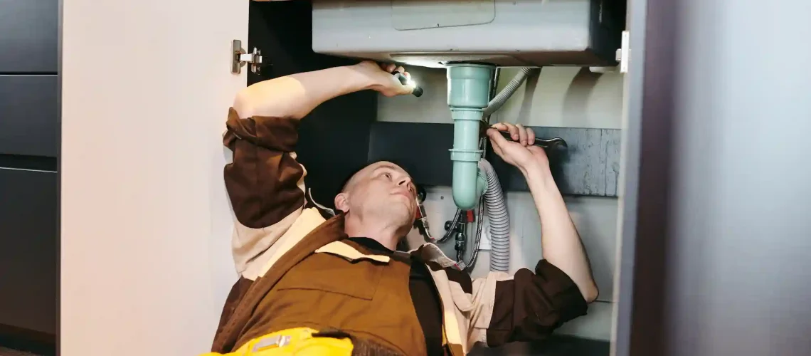 Full-service plumber installing new bathroom fixtures including sink, faucet, and shower in modern Dubai villa ensuring proper drainage and water supply