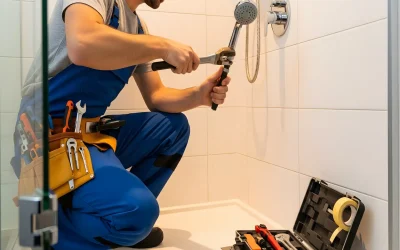 Emergency plumber repairing burst water pipe causing flooding in Dubai apartment using emergency shut-off and professional repair techniques preventing further damage