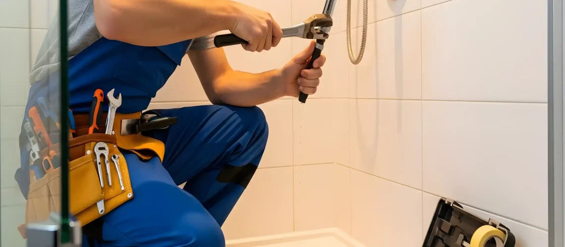 Emergency plumber repairing burst water pipe causing flooding in Dubai apartment using emergency shut-off and professional repair techniques preventing further damage