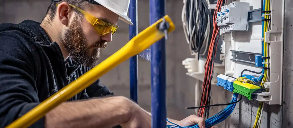 Expert electrician installing new power outlets and modern USB charging sockets in Dubai apartment wall for convenient device charging and connectivity